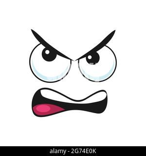 Irritated angry smiley in bad mood isolated emoji with eyebrows up. Vector bad mood emotion, wrathy sad emoji with open mouth. Angry smiley, irritated Stock Vector
