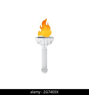 Torch or fire flame lantern, ancient burning light in marble stick, vector icon. Medieval Greek torch or firelight, Olympus gods and sport games victo Stock Vector