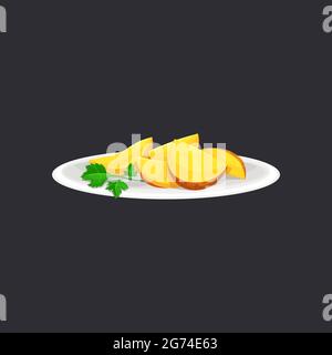 Baked potato wedges with green parsley green on ceramic plate isolated. Vector country style potato with greens in white bowl, fried potato in rural s Stock Vector