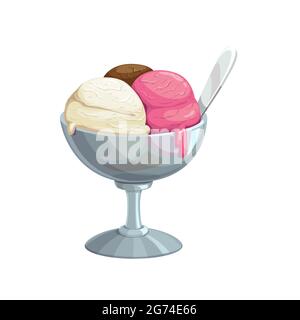Ice cream, fast food dessert sweets, vector menu isolated icon. Ice cream chocolate, vanilla, and strawberry pink scoop in bowl cup, fastfood cafeteri Stock Vector