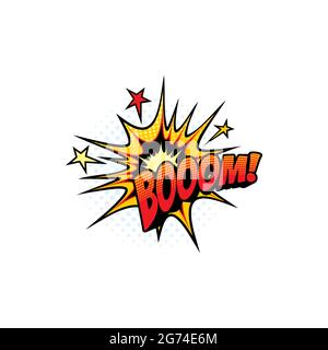 Boom pop art comic bubble, half tone cloud blast isolated vector icon. Cartoon retro sound bomb explosion with halftone pattern and stars burst, boom Stock Vector