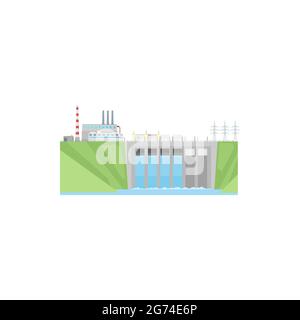 Power plant, hydroelectric water energy station, vector hydro turbine dam. Electric power plant and eco environment renewable electricity factory buil Stock Vector