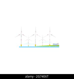 Windmill energy power, electricity wind mill turbine, vector green renewable energy industry. Windmills on sea, alternative clean energy and power gen Stock Vector