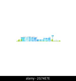 Modern city airport facade, taxis and buses, sky harbor isolated icon. Vector concourse airport building, modern terminal, traffic control tower. Airp Stock Vector