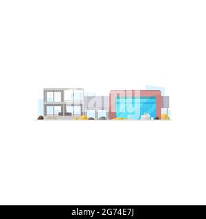 Supermarket city building isolated fast food grocery store. Vector modern mall construction, food or grocery store. Shopping center, electronic applia Stock Vector
