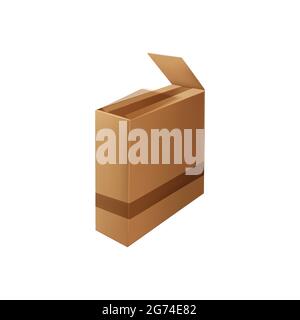 Box package with adhesive tape isolated open box icon. Vector delivery packaging with sticky tape. Carton container, fragile goods delivery, side view Stock Vector