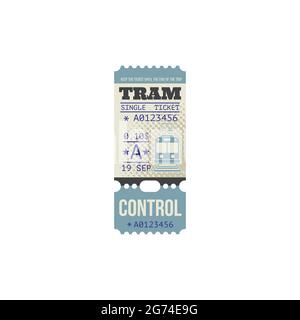 Retro tram ticket isolated template, trip paper coupon with perforated cut line. Vector transportation vintage pass card. Boarding tram single ticket Stock Vector
