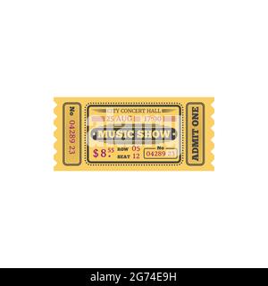 Ticket to music show in central music hall isolated retro card. Vector admit one on live music play on stage, performance with orchestra music in city Stock Vector