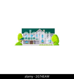 Modern house with windows, flowers in pots at sills isolated villa icon. Vector real estate building on rent or sale. Contemporary rural chalet countr Stock Vector