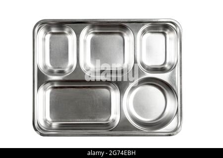 Top view stainless steel food tub or food lunch box with five separated pit for food. Isolated on white background. Clipping path in file. Stock Photo