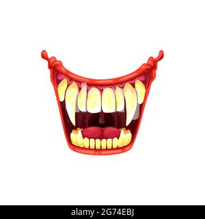 Vampire or clown mouth with fangs vector icon. Cartoon monster roar scary jaws with long pointed teeth, open yell maw roar or yell isolated on white b Stock Vector