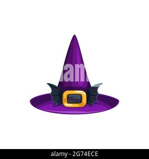 Cartoon witch hat vector icon, violet magician headwear with golden buckle and bat wings. Wizard cap with cone crown, halloween costume isolated on wh Stock Vector
