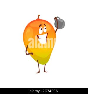 Cartoon mango fruit sportsman vector icon, funny character workout with dumbbell doing sport exercises isolated on white background. Healthy exotic fo Stock Vector