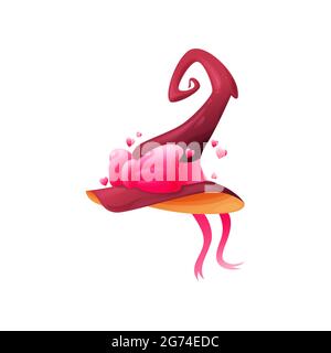 Cartoon witch hat vector icon, pink magician headwear with cute bow, hearts and ribbons. Love fairy, enchanter halloween costume, female wizard cap is Stock Vector