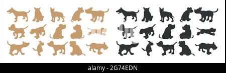 Dog different poses silhouette in dark grey and leather color Stock Vector