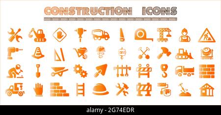 Construction icon set in orange gradient color for apps, website Stock Vector