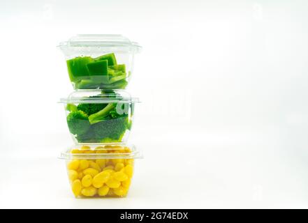 Salad in small plastic cleared box, separated each kind of salad vegetable in small container, concept for hygienic selected by customers to pick and Stock Photo