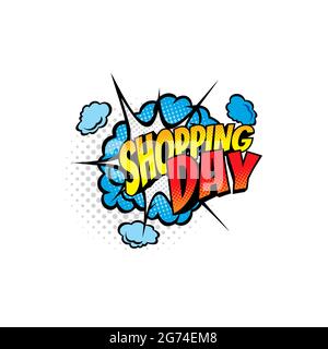 Comics bubble for shopping day isolated vector icon. Cartoon pop art retro sound cloud blast explosion for discount promo. Boom bang colorful half ton Stock Vector
