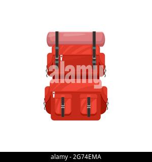 Backpack vector icon, touristic knapsack, camping or hiking rucksack. Sport or travel equipment of red color with leather belts isolated on white back Stock Vector