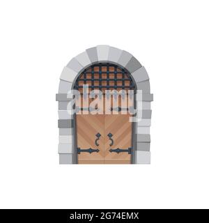 Cartoon door vector icon, medieval wooden gates with stone arch, forged hinges, grating and handles. Fairytale arched entry, palace or castle exterior Stock Vector