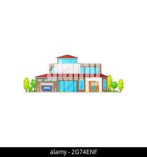 Modern house with car in garage, green trees, american building facade exterior isolated icon. Vector log facade townhouse or cottage, villa on rent a Stock Vector