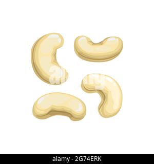 Cashew nuts isolated flat cartoon icon. Vector organic healthy food snack, seeds of roasted cashew nuts in nutshells, vegetarian dieting superfood. Pe Stock Vector