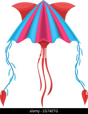 Cartoon kite, Uttarayan International Kites Festival symbol isolated icon. Vector color kite with strings, kids toy flying kite, weightless summer obj Stock Vector
