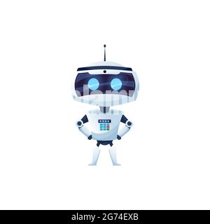 Cartoon robot vector icon, cyborg character, toy or bot, artificial intelligence technology. Friendly robot arms akimbo and and digital glow face, cut Stock Vector