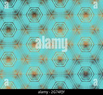 Hexagon pattern, abstract cyan, teal and bronze textured kaleidoscope ornament. Symmetric geometric design for digital paper, textile printing, wallpaper, background. Stock Vector