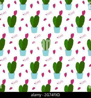 Pattern with green cacti in blue pots. Text and small pink hearts for valentines day. Stock Vector