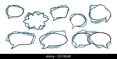 Speech bubbles in oval, rectangular and star shapes. Outline speech boxes isolated in white background. Handdrawn vector illustration Stock Vector