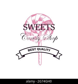 Hand drawn candy shop logo isolated on white. Vector illustration in sketch style Stock Vector