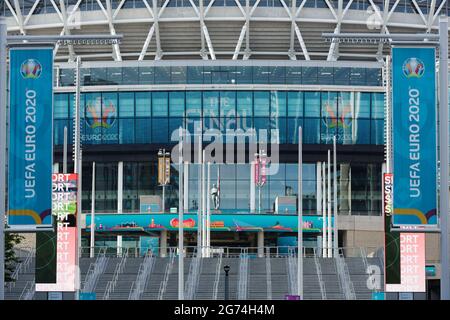 Wembley Park, UK. 11th July, 2021. Wembley Stadium will host the Euro 2020 Final between Italy and England this evening. It is the first major final that England will have played in since winning the World Cup in 1966. Credit: amanda rose/Alamy Live News Stock Photo