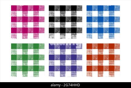 Gingham or plaid or tartan towel or table cloth set in pink, black, blue, green, violet, red color. Set of 6 for textile print and design Stock Vector