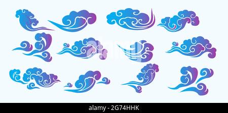 Collection of blue purple gradient color clouds in Chinese  or Japanese style Stock Vector