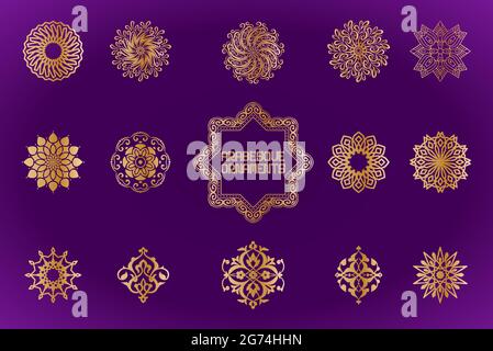 Arabesque ornamental design set in gold gradient on violet color background Stock Vector