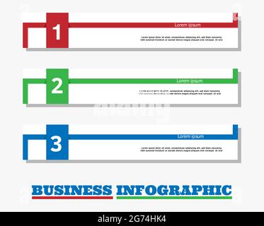 1 2 3 process infographic in blue, green, red color for business or educational presentation Stock Vector