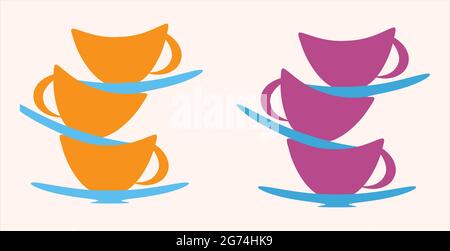 Hand drawn cup set in orange blue and purple color set of 2 Stock Vector