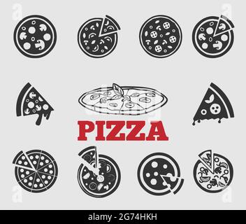 Black and white pizza or sliced pizza icon set on grey background for food industry presentation purposes Stock Vector