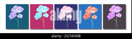 Watercolor hand drawn flower set in purple, blue, orange, pink, violet on colorful canvas. Set of 5 Stock Vector