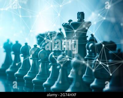 Chess pieces team on chess board with technology network background to play successfully in the competition.Management or leadership strategy concept. Stock Photo
