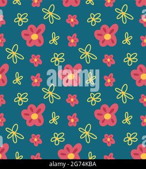 Simplicity childish pattern with pink flowers on blue background. Vector natural flat texture with outline daisies. Fabric with flora in pastel colors Stock Vector
