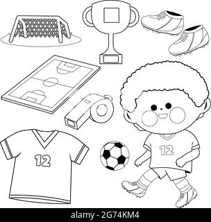 Little boy playing soccer. Vector black and white coloring page Stock Vector