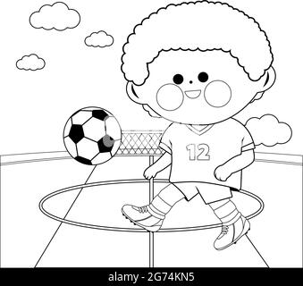 Little boy playing soccer. Vector black and white coloring page Stock Vector