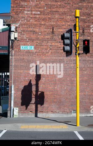 Traffic light and shadow on brick wall, Wellington, North Island, New Zealand Stock Photo