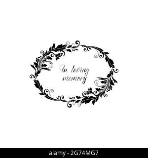 Funeral memory card of condolences and love with floral, wreath of black flowers, vector. In loving memory funeral remembrance banner frame, obituary Stock Vector