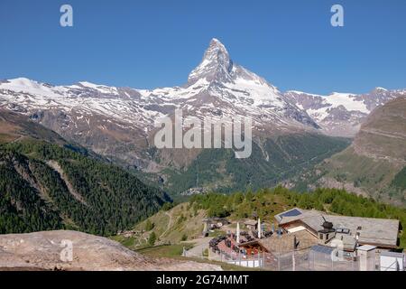 Panorama View from Sunnegga - The Mighty and Beautiful Matterhorn Peak, The Famous and Iconic Swiss Mountain in the Alps, Zermatt, Valais, Switzerland Stock Photo