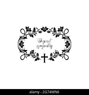 Deepest sympathy lettering and corner floral ornament isolated. Vector memorial decoration with flower branches and leaves. Condolence burial memory c Stock Vector