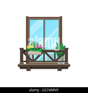 Balcony window, house building facade with porch, vector wood veranda or terrace. Apartment vintage or modern wooden balcony with fence banister and f Stock Vector