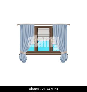 Window curtains or blind drapes and shutter roller jalousie, vector flat isolated icon. Classic window frame with shades drapery folds or tulle, house Stock Vector